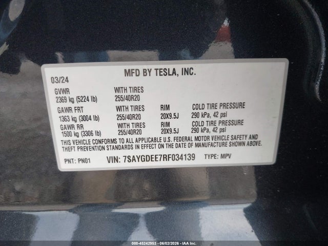 Продажа на аукционе авто 2024 Tesla Model Y Long Range Dual Motor All-wheel Drive, vin: 7SAYGDEE7RF034139, номер лота: 45242953