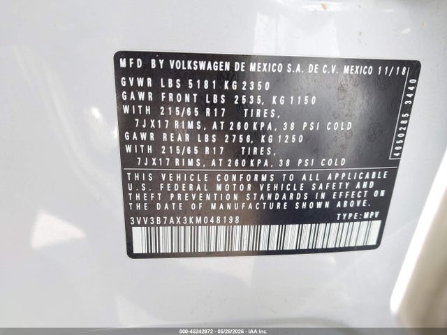 2019 Volkswagen Tiguan 2.0t Se/2.0t Sel/2.0t Sel R-line/2.0t Sel R-line Black მანქანა იყიდება აუქციონზე, vin: 3VV3B7AX3KM048198, აუქციონის ნომერი: 45242972