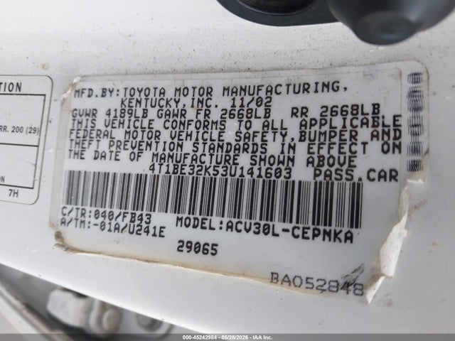 2003 Toyota Camry Le მანქანა იყიდება აუქციონზე, vin: 4T1BE32K53U141603, აუქციონის ნომერი: 45242984