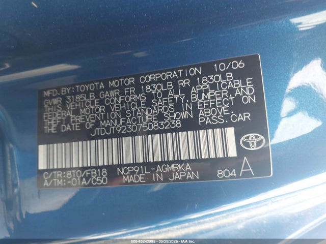 45242985 :رقم المزاد ، JTDJT923075083238 vin ، 2007 Toyota Yaris مزاد بيع