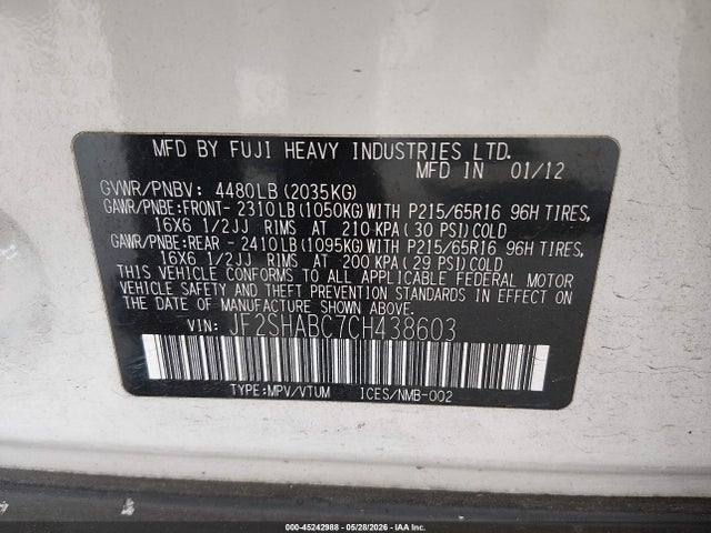 Продажа на аукционе авто 2012 Subaru Forester 2.5x, vin: JF2SHABC7CH438603, номер лота: 45242988