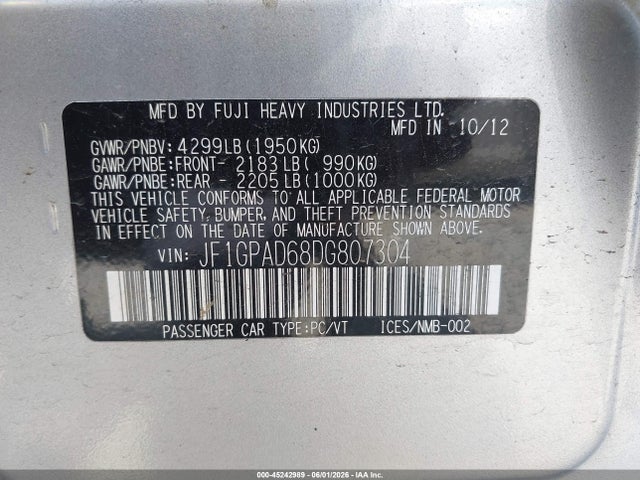 Продажа на аукционе авто 2013 Subaru Impreza 2.0i Premium, vin: JF1GPAD68DG807304, номер лота: 45242989