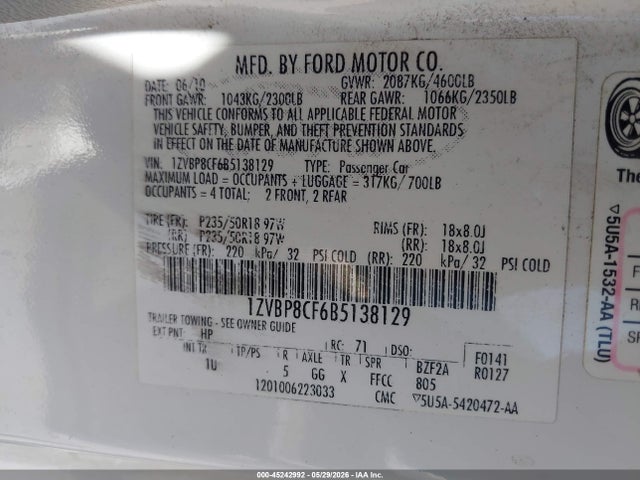 Aukcja sprzedaży 2011 Ford Mustang Gt, vin: 1ZVBP8CF6B5138129, numer aukcji: 45242992