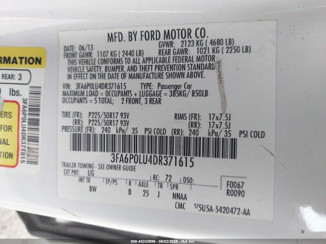 45242996 :رقم المزاد ، 3FA6P0LU4DR371615 vin ، 2013 Ford Fusion Hybrid Se مزاد بيع