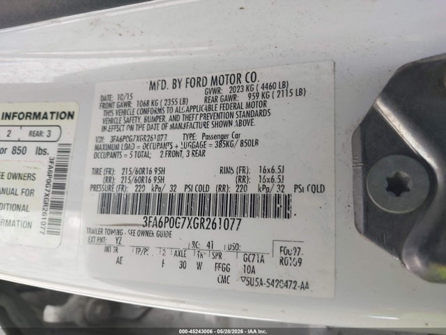 Aukcja sprzedaży 2016 Ford Fusion S, vin: 3FA6P0G7XGR261077, numer aukcji: 45243006