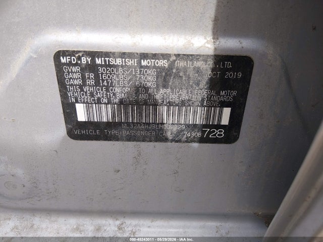 Продажа на аукционе авто 2020 Mitsubishi Mirage Se, vin: ML32A4HJ3LH002229, номер лота: 45243011
