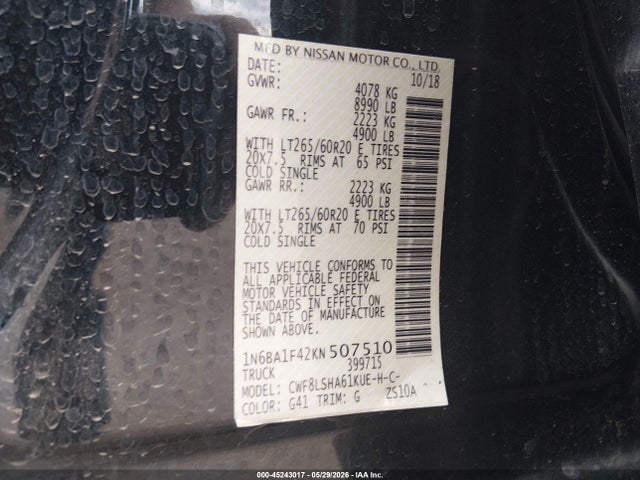 2019 Nissan Titan Xd Sv Diesel მანქანა იყიდება აუქციონზე, vin: 1N6BA1F42KN507510, აუქციონის ნომერი: 45243017