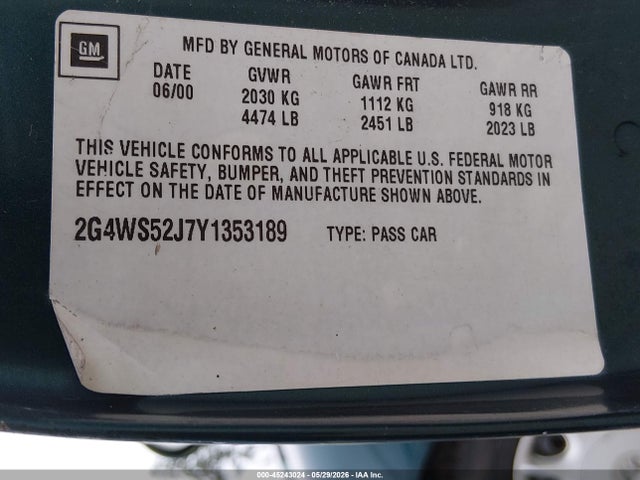 Продаж на аукціоні авто 2000 Buick Century Custom, vin: 2G4WS52J7Y1353189, номер лоту: 45243024