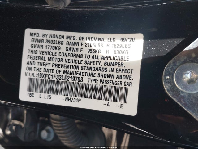 2020 Honda Civic Ex მანქანა იყიდება აუქციონზე, vin: 19XFC1F33LE219703, აუქციონის ნომერი: 45243026