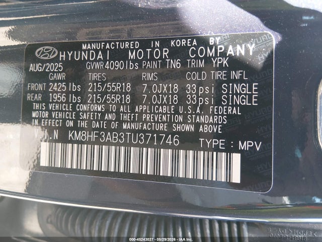 Aukcja sprzedaży 2026 Hyundai Kona Sel Sport, vin: KM8HF3AB3TU371746, numer aukcji: 45243027