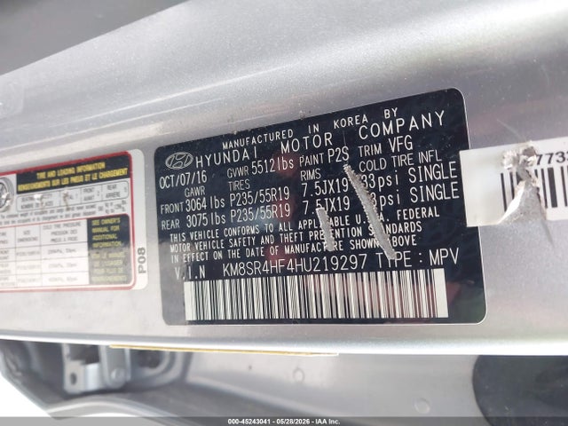 Aukcja sprzedaży 2017 Hyundai Santa Fe Se Ultimate, vin: KM8SR4HF4HU219297, numer aukcji: 45243041