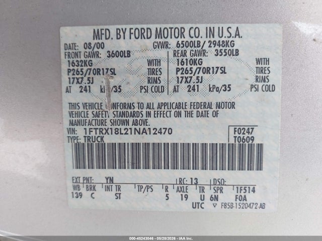 Продажа на аукционе авто 2001 Ford F-150 Lariat/xl/xlt, vin: 1FTRX18L21NA12470, номер лота: 45243046