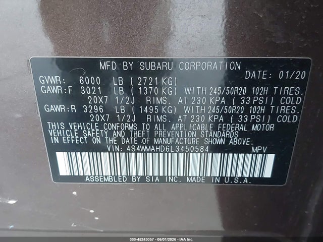 Aukcja sprzedaży 2020 Subaru Ascent Premium, vin: 4S4WMAHD6L3450584, numer aukcji: 45243057