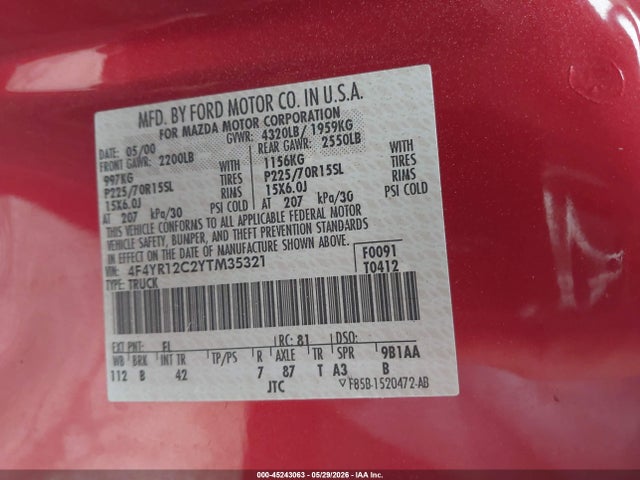 Aukcja sprzedaży 2000 Mazda B2500 Se/sx, vin: 4F4YR12C2YTM35321, numer aukcji: 45243063