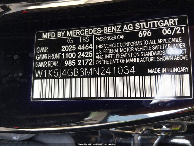 Продаж на аукціоні авто 2021 Mercedes-benz Cla 250, vin: W1K5J4GB3MN241034, номер лоту: 45243072