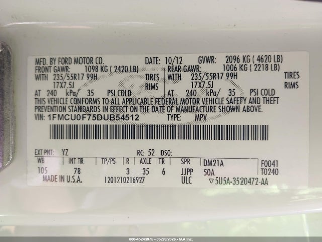 Продаж на аукціоні авто 2013 Ford Escape S, vin: 1FMCU0F75DUB54512, номер лоту: 45243075