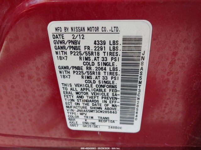 Aukcja sprzedaży 2012 Nissan Rogue Sv W/sl Pkg, vin: JN8AS5MT3CW285640, numer aukcji: 45243083