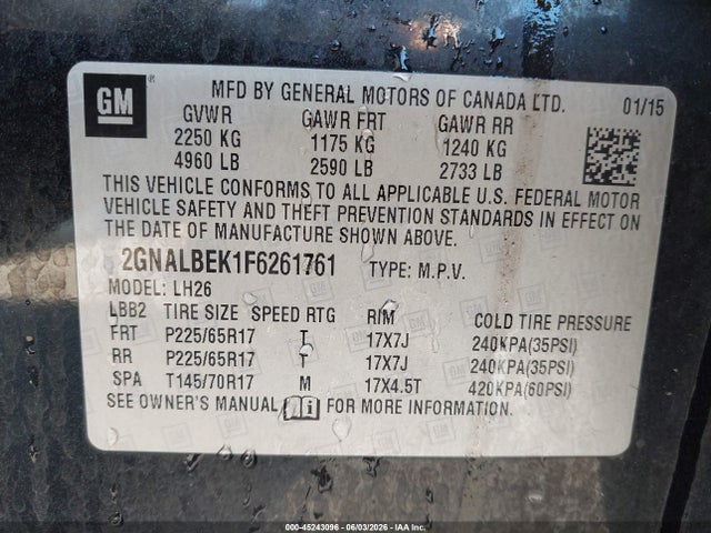 2015 Chevrolet Equinox 1lt მანქანა იყიდება აუქციონზე, vin: 2GNALBEK1F6261761, აუქციონის ნომერი: 45243096