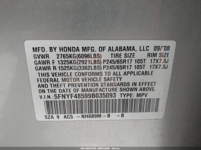 Aukcja sprzedaży 2009 Honda Pilot Ex-l, vin: 5FNYF48599B035093, numer aukcji: 45243100