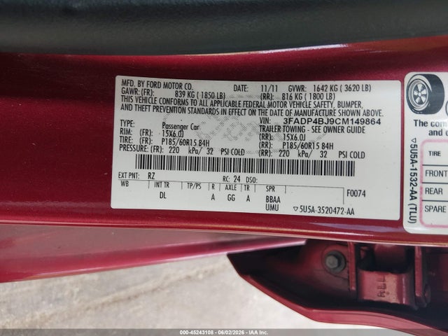 2012 Ford Fiesta Se მანქანა იყიდება აუქციონზე, vin: 3FADP4BJ9CM149864, აუქციონის ნომერი: 45243108