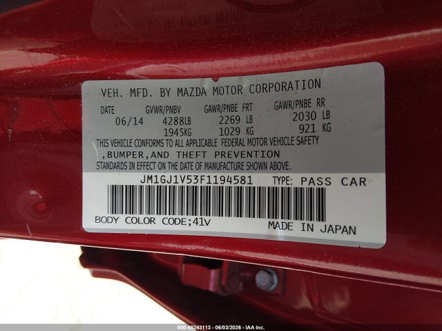45243113 :رقم المزاد ، JM1GJ1V53F1194581 vin ، 2015 Mazda Mazda6 I Touring مزاد بيع