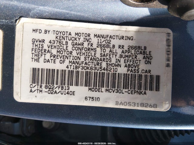 Продажа на аукционе авто 2003 Toyota Camry Le V6, vin: 4T1BF30K63U546210, номер лота: 45243118