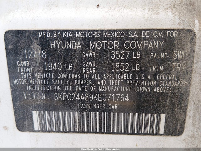 Aukcja sprzedaży 2019 Hyundai Accent Se, vin: 3KPC24A39KE071764, numer aukcji: 45243133