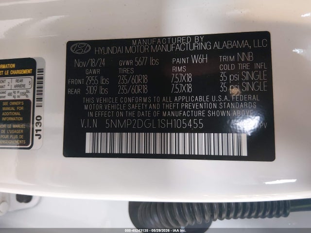 45243135 :رقم المزاد ، 5NMP2DGL1SH105455 vin ، 2025 Hyundai Santa Fe Sel مزاد بيع