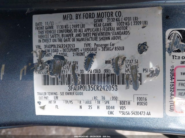 Aukcja sprzedaży 2012 Ford Fusion Hybrid, vin: 3FADP0L35CR242053, numer aukcji: 45243140