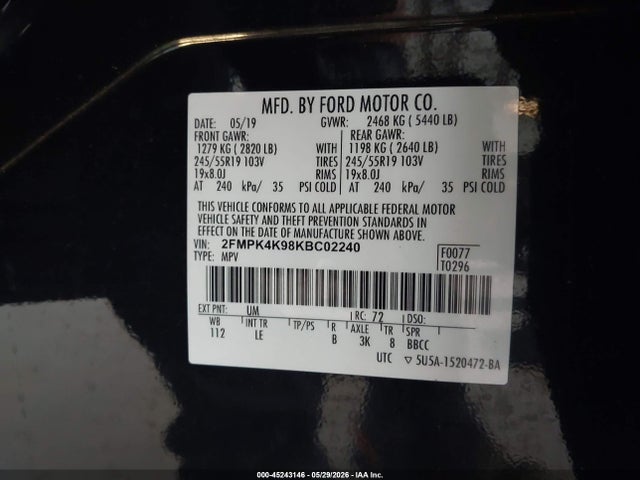Aukcja sprzedaży 2019 Ford Edge Titanium, vin: 2FMPK4K98KBC02240, numer aukcji: 45243146