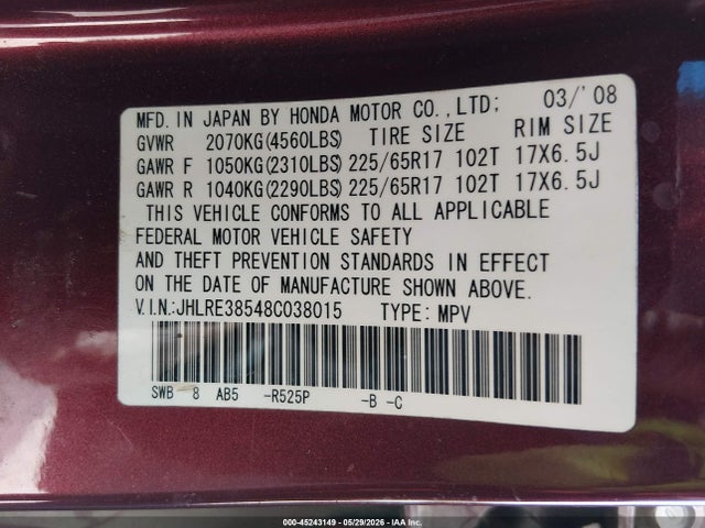 Продажа на аукционе авто 2008 Honda Cr-v Ex, vin: JHLRE38548C038015, номер лота: 45243149