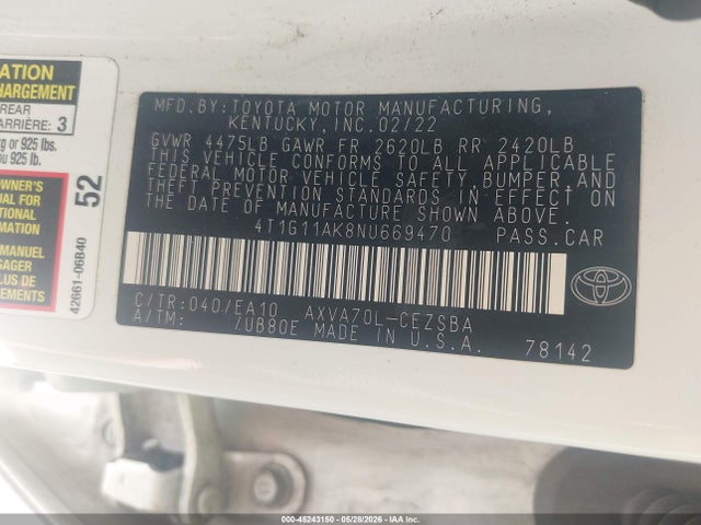 45243150 :رقم المزاد ، 4T1G11AK8NU669470 vin ، 2022 Toyota Camry Se مزاد بيع