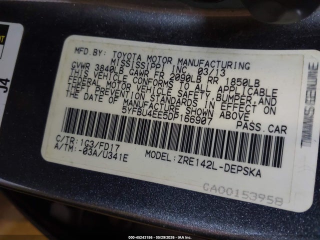 Aukcja sprzedaży 2013 Toyota Corolla S, vin: 5YFBU4EE5DP166907, numer aukcji: 45243156