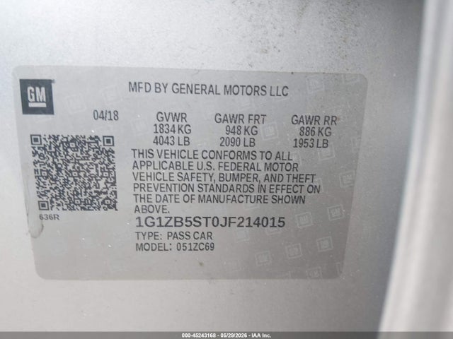 2018 Chevrolet Malibu 1ls მანქანა იყიდება აუქციონზე, vin: 1G1ZB5ST0JF214015, აუქციონის ნომერი: 45243168