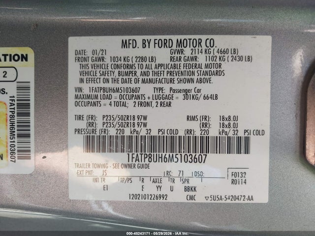 2021 Ford Mustang Ecoboost Premium მანქანა იყიდება აუქციონზე, vin: 1FATP8UH6M5103607, აუქციონის ნომერი: 45243171