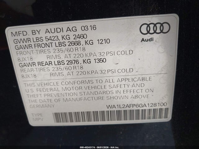 Aukcja sprzedaży 2016 Audi Q5 2.0t Premium, vin: WA1L2AFP6GA128100, numer aukcji: 45243174