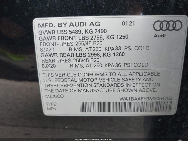 WA1BAAFY3M2054762 Audi Q5 Premium Plus 45 Tfsi Quattro S Tronic