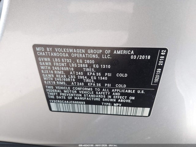 1V2CR2CA6JC565693 Volkswagen Atlas 3.6l V6 Se