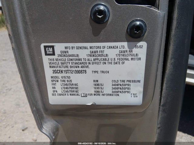 Auction sale of the 2002 Chevrolet Silverado 1500, vin: 2GCEK19T721390878, lot number: 45243192