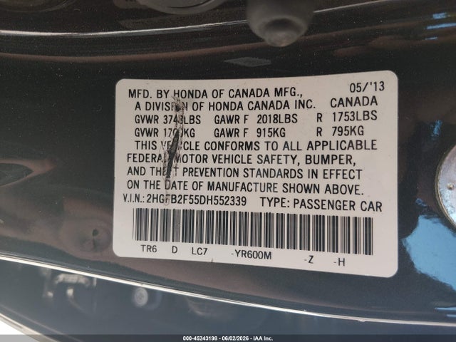 Продажа на аукционе авто 2013 Honda Civic Lx, vin: 2HGFB2F55DH552339, номер лота: 45243198