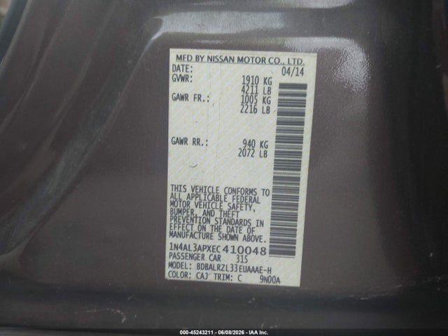 Продаж на аукціоні авто 2014 Nissan Altima 2.5 S, vin: 1N4AL3APXEC410048, номер лоту: 45243211