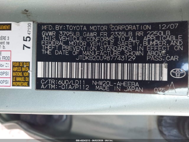 Aukcja sprzedaży 2008 Toyota Prius Standard/touring, vin: JTDKB20U987743129, numer aukcji: 45243213
