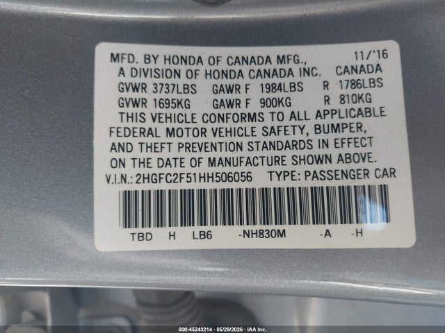 Продажа на аукционе авто 2017 Honda Civic Lx, vin: 2HGFC2F51HH506056, номер лота: 45243214