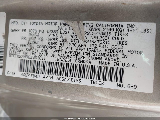 45243223 :رقم المزاد ، 5TETX22N96Z301811 vin ، 2006 Toyota Tacoma مزاد بيع