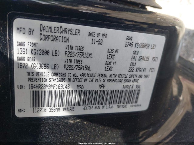 2000 Dodge Durango მანქანა იყიდება აუქციონზე, vin: 1B4HR28Y9YF169146, აუქციონის ნომერი: 45243254