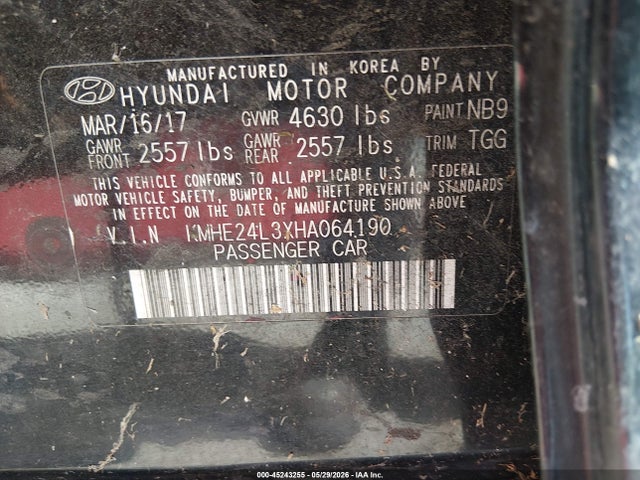 45243255 :رقم المزاد ، KMHE24L3XHA064190 vin ، 2017 Hyundai Sonata Hybrid Se مزاد بيع