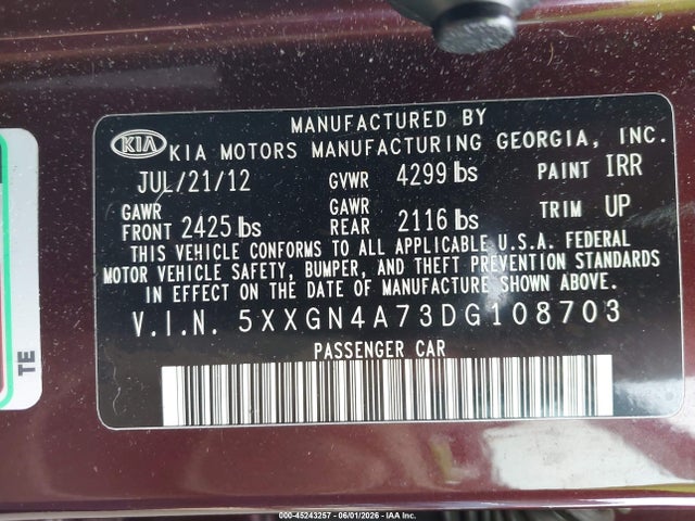 Aukcja sprzedaży 2013 Kia Optima Ex, vin: 5XXGN4A73DG108703, numer aukcji: 45243257