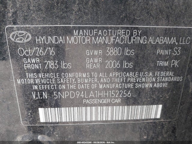 45243268 :رقم المزاد ، 5NPD94LA1HH152256 vin ، 2017 Hyundai Elantra Eco مزاد بيع