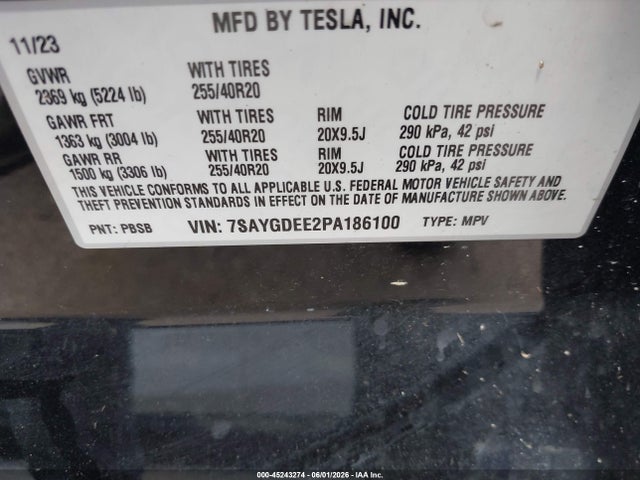 45243274 :رقم المزاد ، 7SAYGDEE2PA186100 vin ، 2023 Tesla Model Y مزاد بيع
