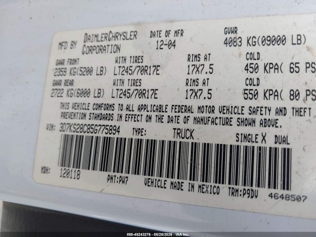 2005 Dodge Ram 2500 St მანქანა იყიდება აუქციონზე, vin: 3D7KS28C85G775894, აუქციონის ნომერი: 45243276